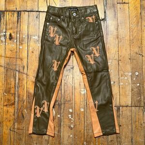 Valabasas Leather Jeans Kids 5T Green Brown V Patch‎ Stacked Pu 5 Pocket Design